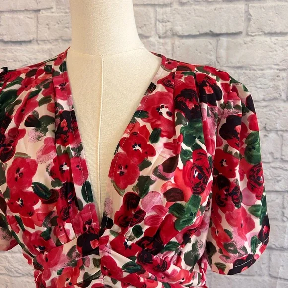 Romantic Floral Mini Dress Red & Pink Roses Empire Waist Low Cut Deep V-Neck - Picture 5 of 15